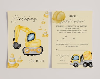 Children's birthday party invitation cards | Excavator | Construction site | Invitation | Invitation to a children's birthday party | Birthday | DIN A6