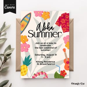 Aloha Luau Summer Back To School Party Invite Pool Party End of Summer Hawaiian Tropical Printable Editable Party Invitation Canva Template