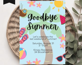Invitación a fiesta de fin de verano de regreso a clases, fiesta en la piscina, imprimible, editable, plantilla Canva