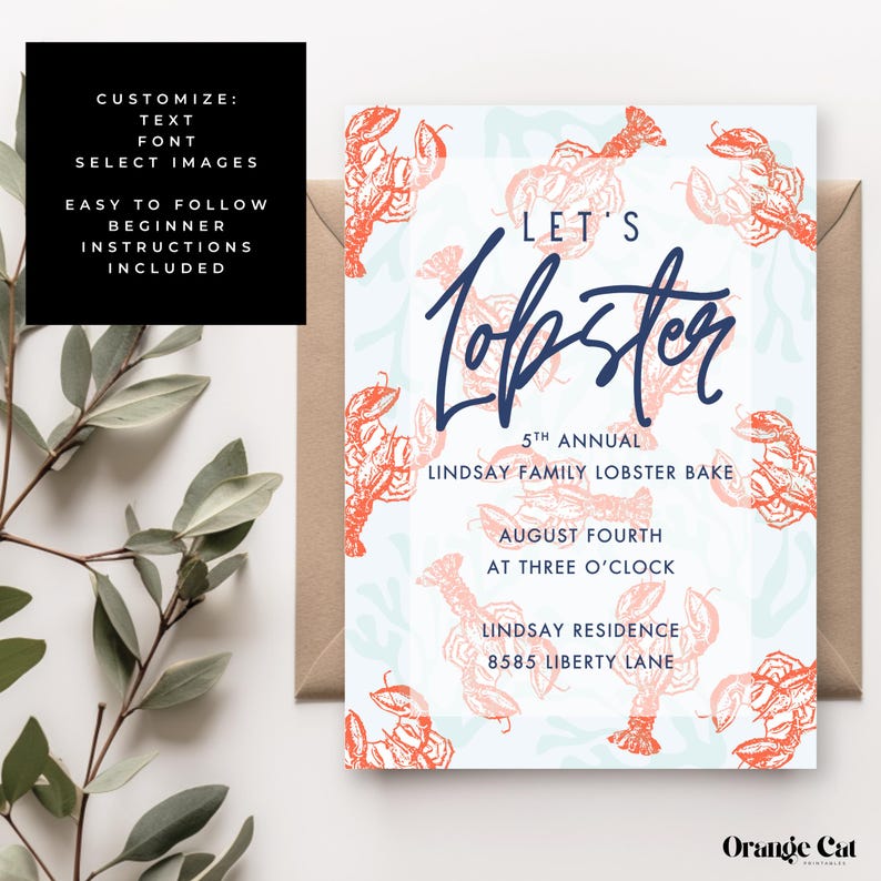 Lobster Bake Backyard Invite Party Summer Party Classy Invitation Lobster Dinner Party Printable Editable Party Invitation Canva Template - Orange Cat Printables