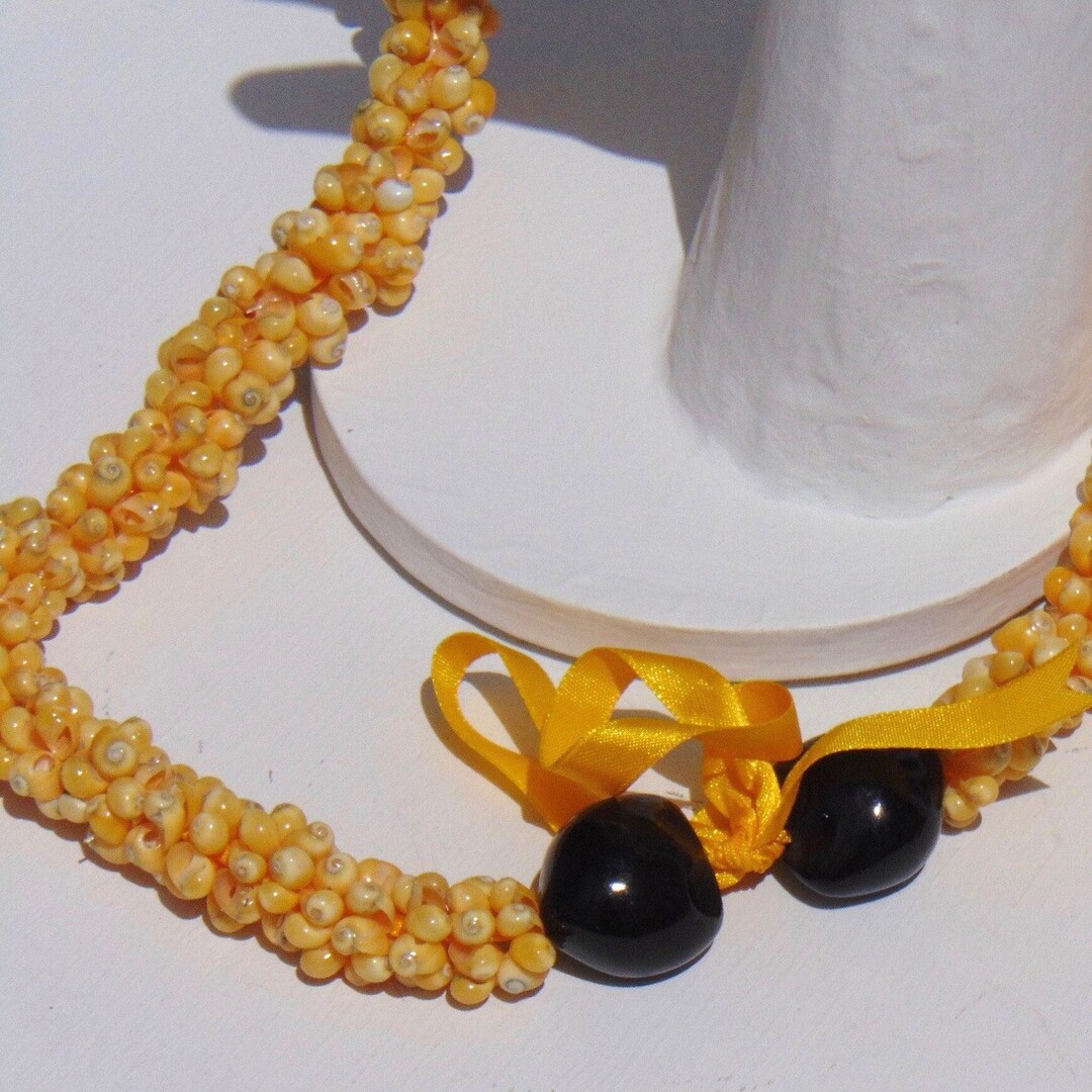 Shell Ribbon Lei Shell Lei With Kukui Nut Yellow Ribbon Tie Vintage - Etsy