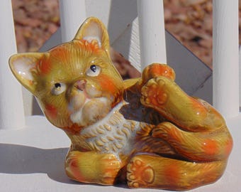 Cat Ceramic Figure Vintage Orange Ginger