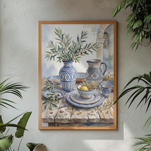 Mediterranean Wall Art, Ceramic Pottery Print, Blue White Plates Decor, (Digital Download)