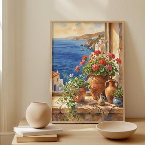 Lámina decorativa de cerámica mediterránea para alféizar, arte mural de macetas de terracota, decoración costera para el hogar (descarga digital)