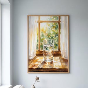 Glass of Water Sunlight Print, Watercolor Windowsill Garden Art (Digital Download)
