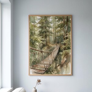 Rope Bridge Wall Art Printable, Forest Landscape Print, Rustic Woodland Poster (Digital Download)