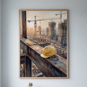 May include: A yellow hard hat rests on a weathered, dark brown steel I-beam overlooking a city construction site. In the background, multiple tall cranes and unfinished concrete skyscrapers are visible under a soft, hazy sunset sky.