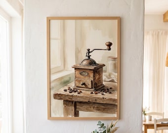 Coffee Wall Art, Vintage Coffee Grinder Watercolor Print, Farmhouse Kitchen Decor, Cafe Opening Gift (Digital Download)