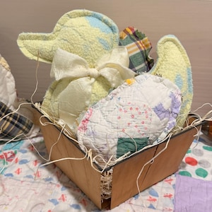 Handmade Wool Chick or Duck Easter Set, Antique Quilt Eggs, Berry Crate