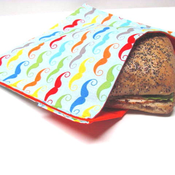 Reusable Sandwich Bag, Mustache, Eco Friendly Lunch Kit,  Eco Lunch Tote, Work or School Sandwich Bag, Mens, Teens, Earth Day, Ready to Ship