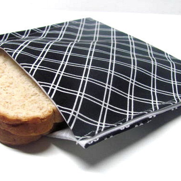 Reusable Sandwich Bag, Classic Black and White , Eco Friendly Lunch Bag, Lattice Style Print,  Stylish, Ready to Ship