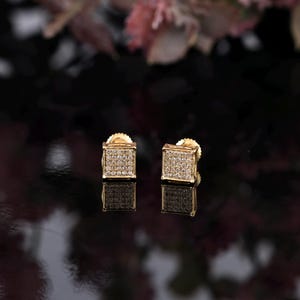 10K Yellow Gold Square Stud Earring | 0.12 Carat Round Diamond Square Earring | Earrings For Women | Fine Jewelry | Diamond Cluster Earrings