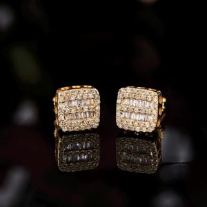 0.29 Carat Round and Baguette Diamond Earring| Square Stud Earring | 10K Yellow Gold Square Earring | Women Earrings | Gift For Her