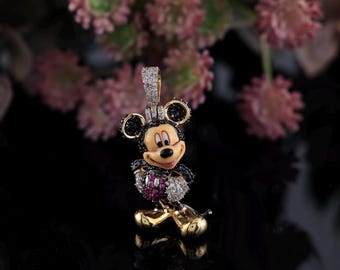 0.20 Carat Round Diamond Mickey Mouse Pendant | Yellow Gold Mickey Mouse Pendant | Diamond Cluster Pendant | Minimalist Jewelry