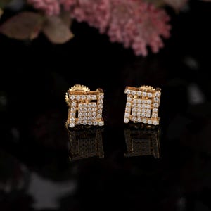 0.29 Carat Round Diamond Stud Earring | 14K Yellow Gold Square Stud Earring | Anniversary Gift | Engagement Earrings | Gift For Her