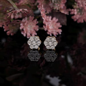 10K Yellow Gold Stud Earring | 0.17 Carat Round Diamond Flower Earrings | Engagement Earrings | Illusion Diamond Stud Earring | Fine Jewelry