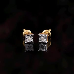 10K Yellow Gold Square Stud Earrings | 0.036 Carat Round Diamond Square Earring | Diamond Square Stud Earrings | Fine Jewelry | Gift For Her
