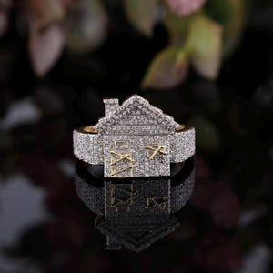 0.96 Carat Round Diamond Trap House Ring | 10K Yellow Gold Trap House Ring | Men&#39;s Rings | Rappers Ring | Custom Ring | Fine Jewelry