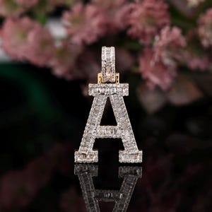0.72 Carat Baguette and Round Diamond Initial Pendant | 10K Yellow Gold  Initial letter Pendant | &#39;A&#39; Letter Pendant | Gift For Her