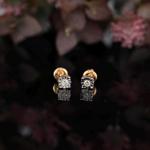 0.08 Carat Round Diamond Stud Earring | 10K Yellow Gold Stud Earring | Illusion Diamond Earrings | Anniversary Gift | Gift For Wife