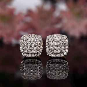 0.25 Carat Round Diamond Stud Earrings | 10K Yellow Gold Earrings | Fine Jewelry | Square Stud Earrings | Gift For Her | Diamond Cluster
