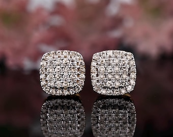 0.25 Carat Round Diamond Stud Earrings | 10K Yellow Gold Earrings | Fine Jewelry | Square Stud Earrings | Valentine gift