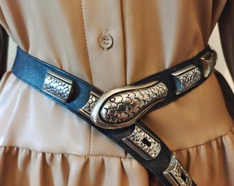 90's Vintage Black Real Leather Silver Metal Belt With Snake Buckle