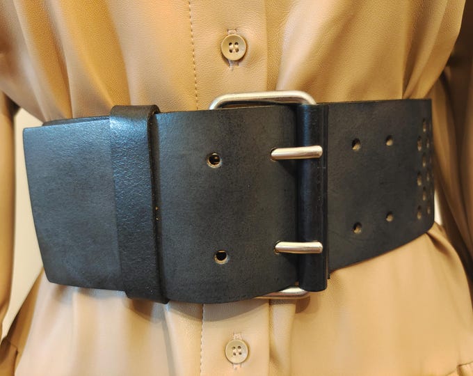 Wide Black Real Leather Double Prong Belt by United Colors of Benetton Made in Italy