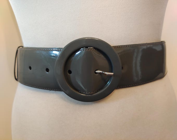 Wide Grey Patent Faux Leather 80's Vintage Belt by ASTOR Made in West Germany
