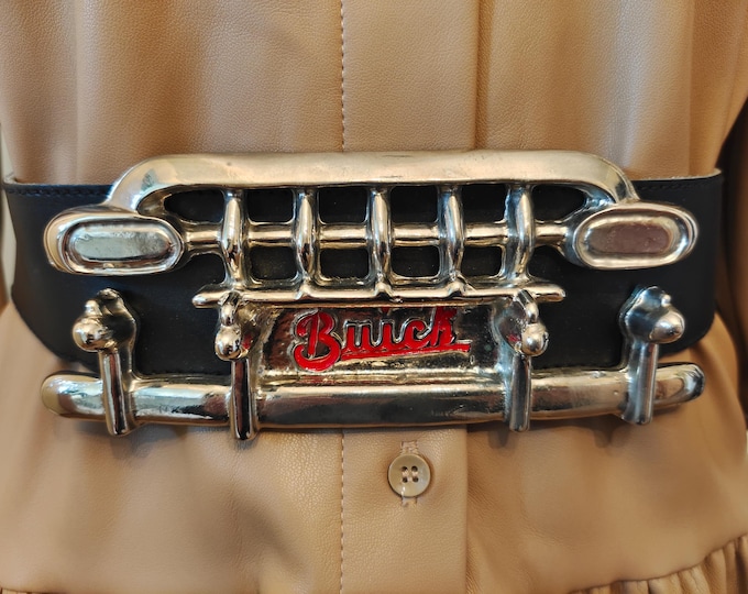 90's Vintage Black Real Leather Belt With Huge Metal Buick Buckle