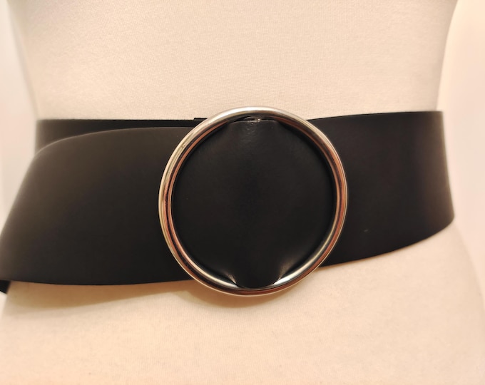 Wide Black Real Leather Belt With Ring Silver Metal Buckle by Esprit
