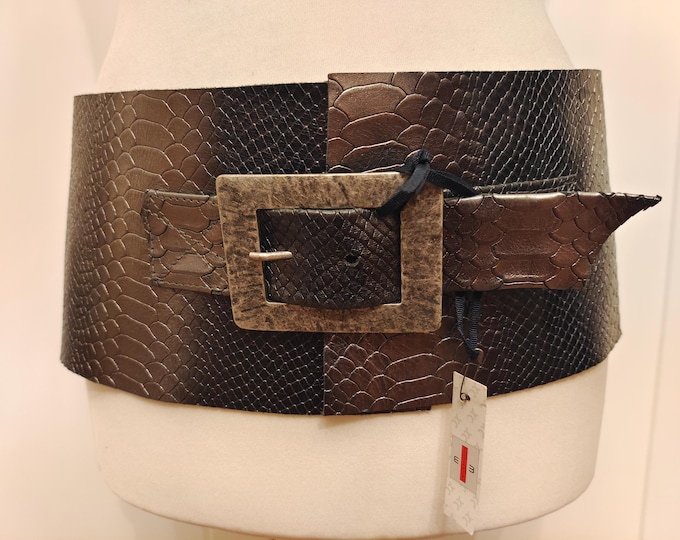 Extra Wide Grey Real Leather Snake Skin Pattern Corset Belt by MM Accessories