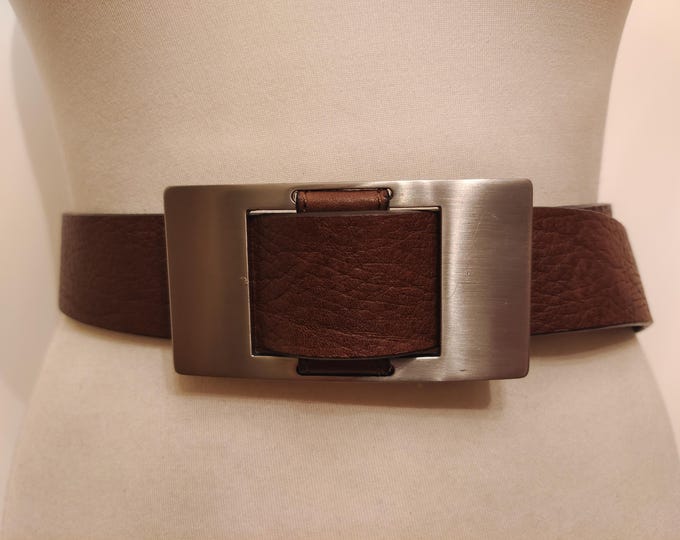 90's Vintage Thick Real Leather Brown Adjustable Belt With Metal Silver Buckle by Claudia Sträter