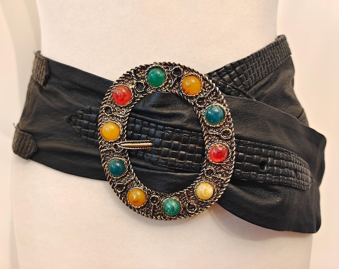 90's Vintage Extra Wide Black Real Leather Belt With Metal Gems Buckle