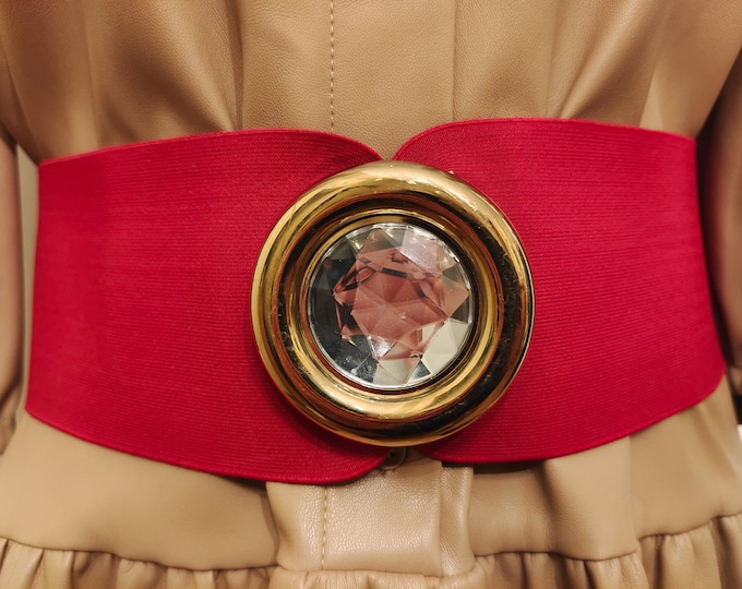 Extra Wide Red Elastic Belt With Golden Plastic Buckle