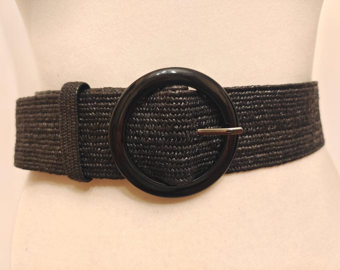 Wide Black Vegan Woven Adjustable Belt With Round Buckle