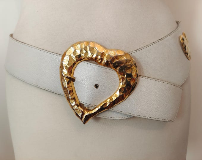 90's Vintage Wide White Real Leather Belt With Golden Metal Heart Buckle Made in France