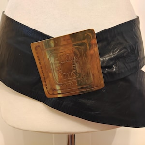 90&#39;s Vintage Extra Wide Black Real Leather Belt With Golden Metal Buckle