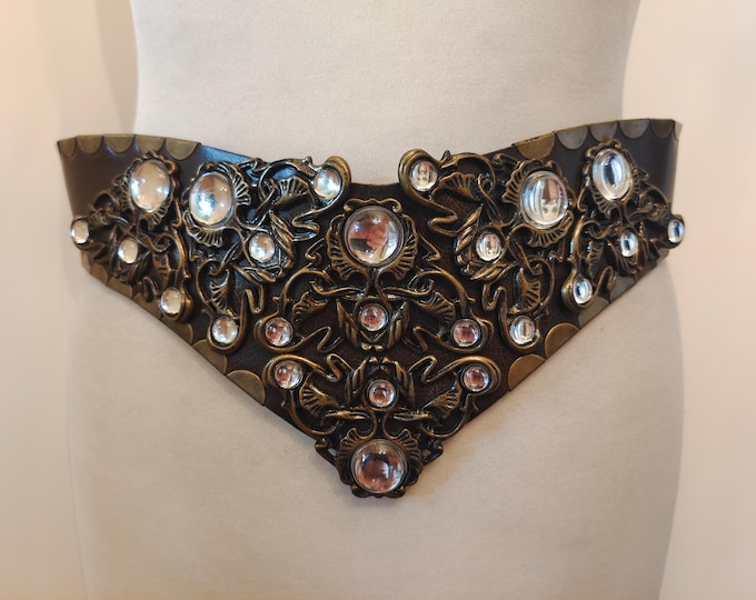 90's Vintage Wide Brown Faux Leather Belt With Gems Buckle by Sabel