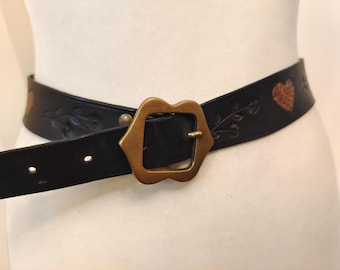 80's Vintage Regular Black Real Leather Flower Embossed Belt