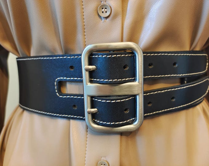 Wide Black Real Leather Belt by Sisley Made in Italy