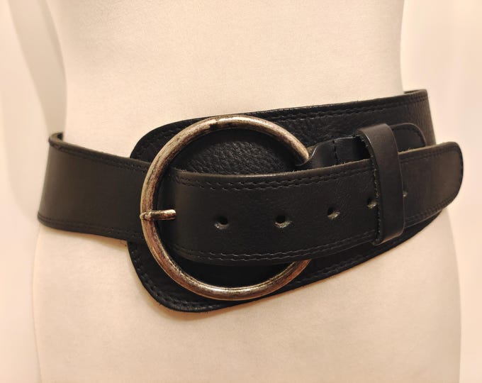 Wide Black Real Leather Belt With Round Metal Buckle by Fashion FX