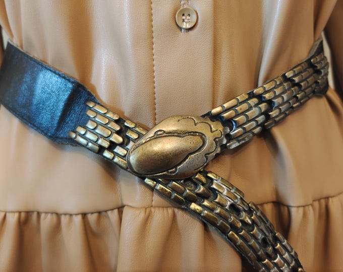90's Vintage Black Real Leather Metal Snake Buckle