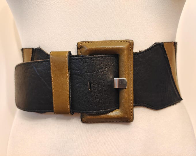 Wide Black & Olive Green Real Leather 80's Vintage Belt