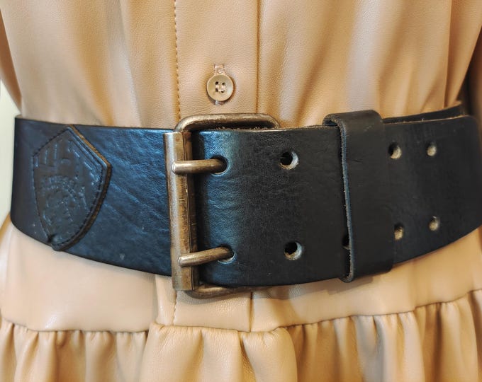 Wide Thick Black Real Leather Double Prong Belt by Diesel Made in Italy