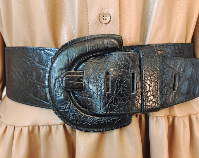 90's Vintage Wide Black Real Leather Belt Made in Italy