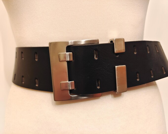 Wide Black Thick Real Leather Double Prong Belt With SIlver Metal Buckle by Wojas
