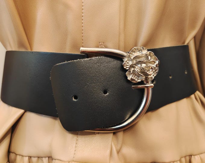 80's Vintage Wide Black Real Leather Belt With Silver Metal Buckle