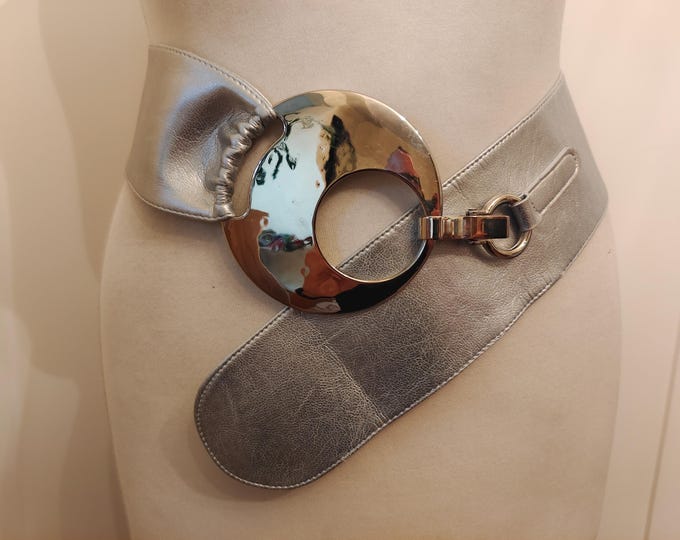 Wide Silver Faux Leather Belt With Big Silver Buckle by Robako Ceintures