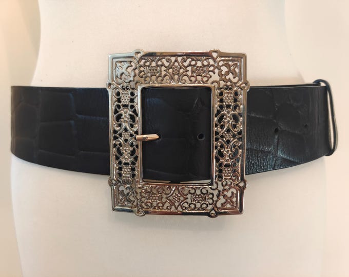 Wide Black Real Leather Belt With Big Silver Buckle by Guliver